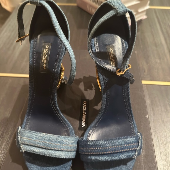 Dolce & Gabbana Patchwork denim sandals with baroque DG heel - Picture 2 of 9